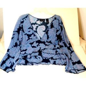 Vintage New York & Company Blue Mesh Layered Design Nylon Top Size L Bell Sleeve